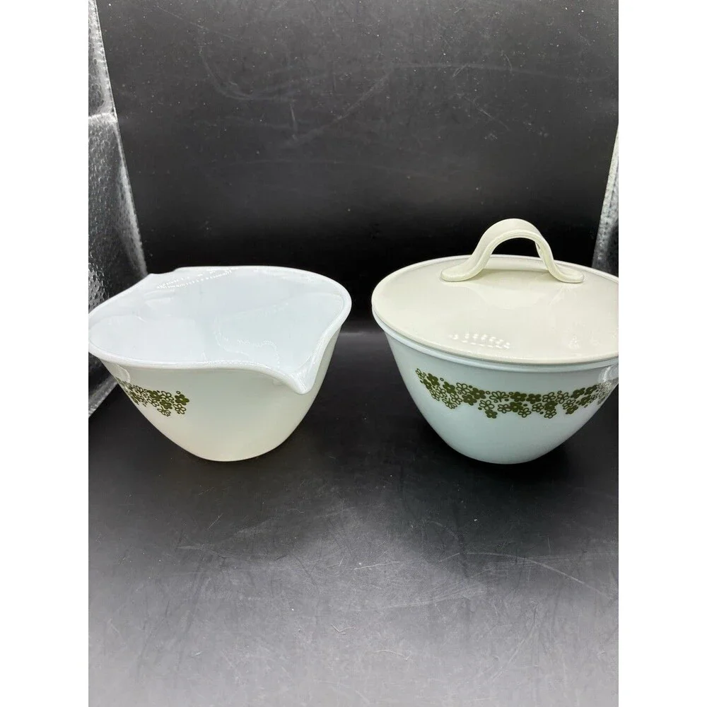 VTG 1960s-1970s Retro Corning Corelle Green Crazy Daisy Creamer & Sugar Set